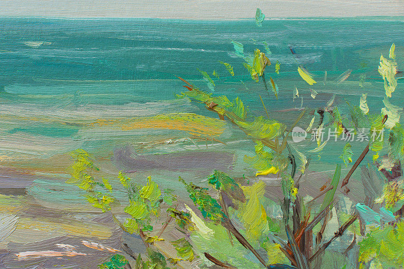 海油画。抽象的绿松石海景。印象派，素描，片段
