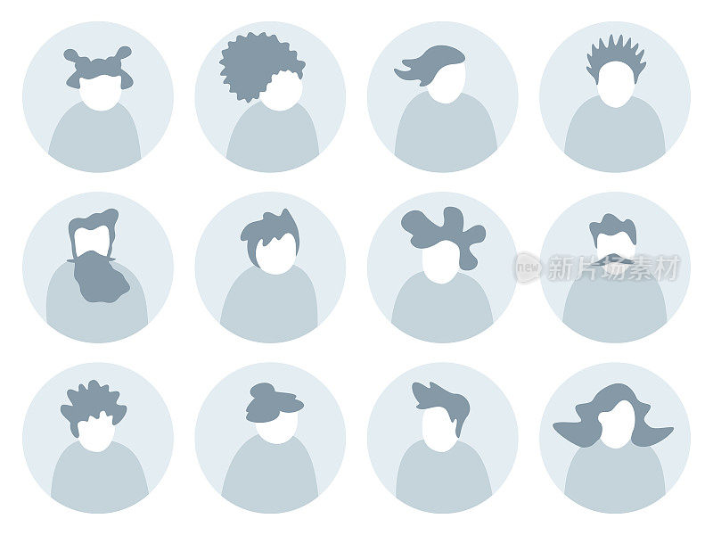 Avatar抽象现代人物圆形图标集-社交网络的轮廓多样化的脸-矢量插图