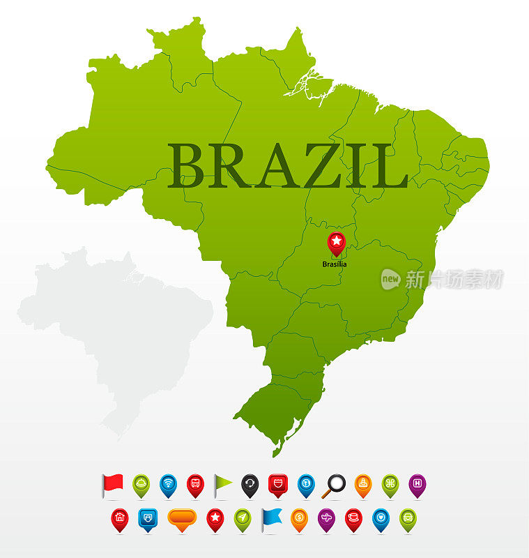 巴西绿色地图与区域和导航图标