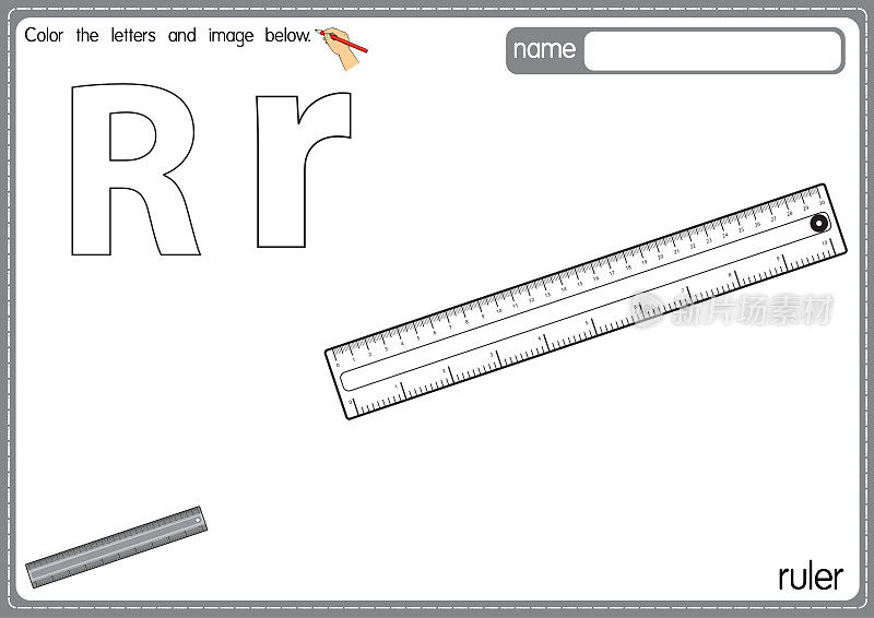 矢量插图的儿童字母着色书页与概述剪贴画，以颜色。字母R代表尺