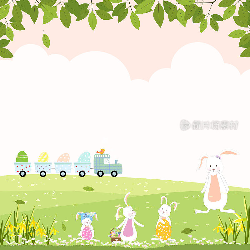 复活节贺卡，春天的背景兔子狩猎复活节彩蛋和火车上的山上，向量可爱的卡通兔子插花和在草地上玩耍。春天，夏天的时间横幅与拷贝空间