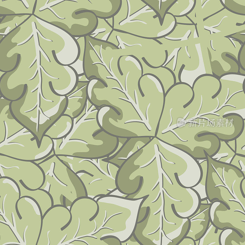 风格化的橡树叶向量无缝图案背景。粉彩鼠尾草绿色重叠手画叶子在艺术和工艺风格。优雅的植物的背景。以画家的手法重现历史