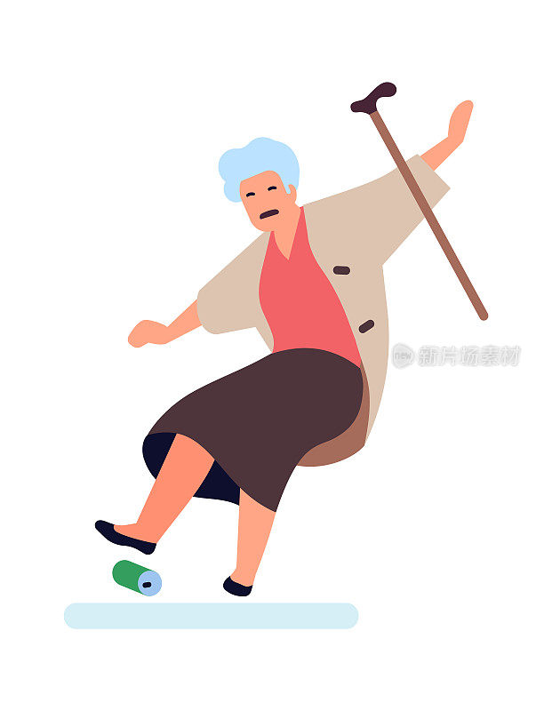 老妇人摔倒了。老年人被垃圾绊倒，失去平衡