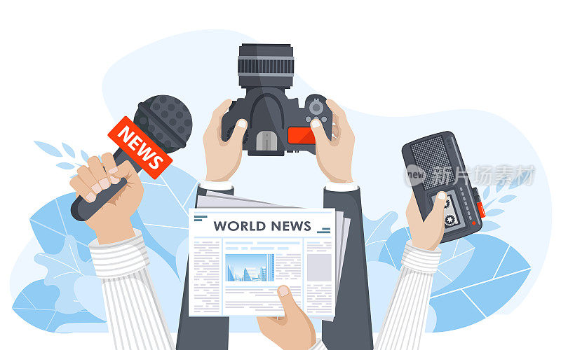 新闻。相机和照片。大众传媒，电视，采访，突发新闻，新闻发布会概念。平面向量