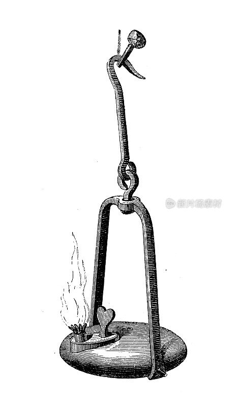 19世纪工业、技术和工艺的古董插图:矿灯、蜡烛、灯笼和火炬