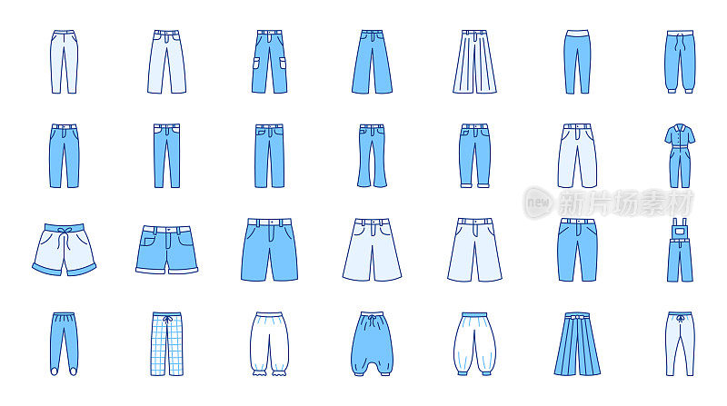 衣服裤子涂鸦插图包括图标-打底裤，童车，货物，百慕大，卡普里，马镫，阿拉丁，shalwars，袴。关于裤子服装的细线艺术。蓝色，可编辑描边