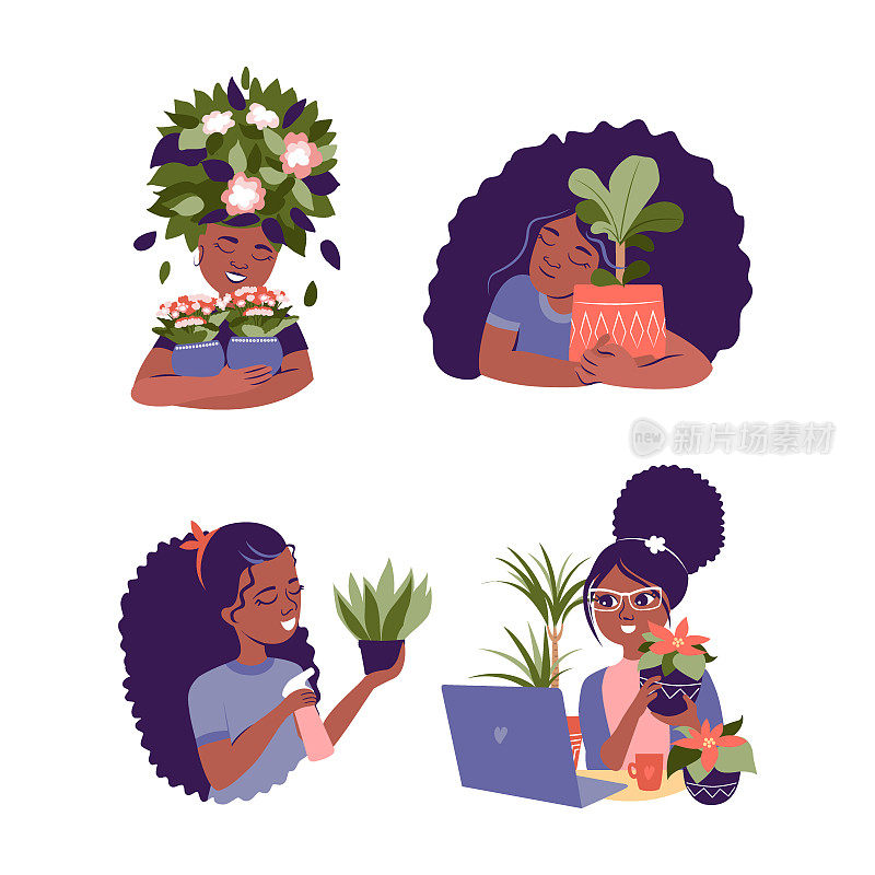 一组可爱的非洲女孩是矢量插图。这个卡通女人抱着家里的花，喜欢盆栽
