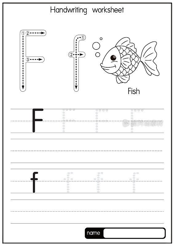 黑白矢量插图鱼与字母F大写字母或大写字母为儿童学习练习ABC