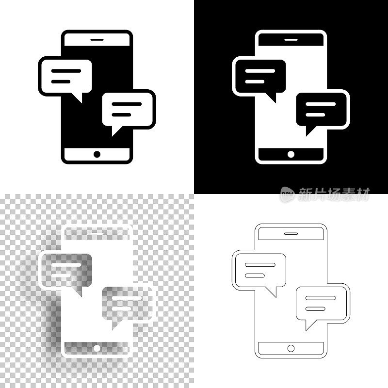带有聊天泡泡的智能手机。图标设计。空白，白色和黑色背景-线图标