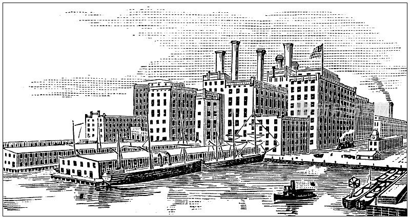 古董插图美国，宾夕法尼亚州的地标和公司:费城，Spreckels糖厂