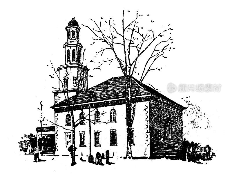 美国，弗吉尼亚地标和公司的古董插图:亚历山大，华盛顿崇拜的教堂