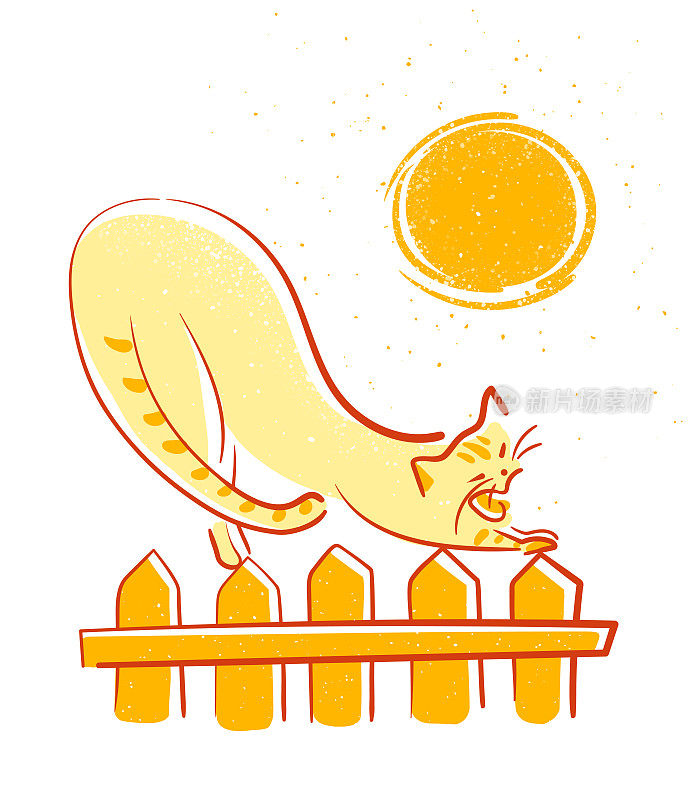 那只猫懒洋洋地在篱笆上伸懒腰，晒太阳