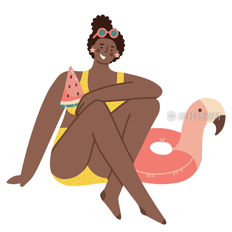 黑皮肤的漂亮女孩坐在海滩上，旁边是火烈鸟形状的充气圈，手里拿着一块西瓜。平面矢量插图在现代时尚的风格