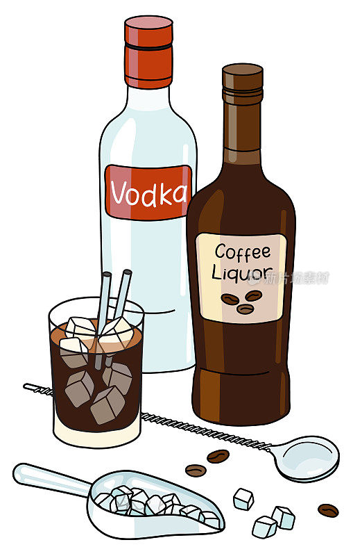 涂鸦卡通黑色俄罗斯鸡尾酒和成分组成。瓶装伏特加，咖啡利口酒和冰勺。为酒吧菜单，贴纸或酒精烹饪书食谱。