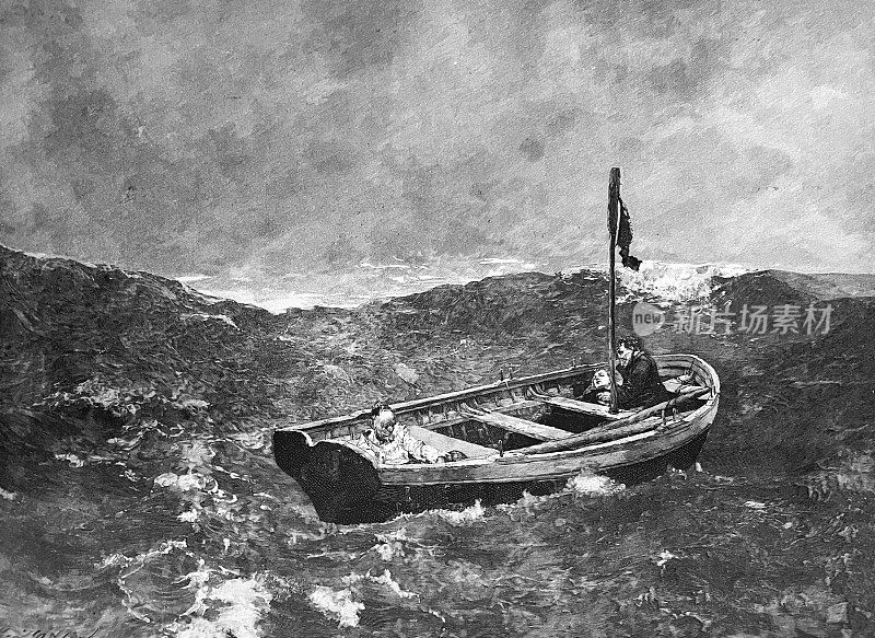船上最后的三个船员乘着小船孤独地在波浪中漂流