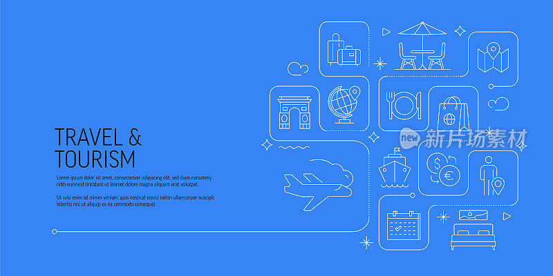 旅游和旅游相关矢量横幅设计概念，现代线条风格与图标