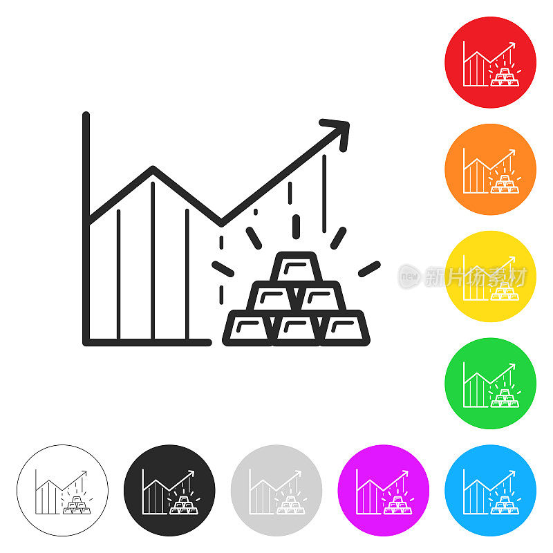 黄金价格上涨图表。彩色按钮上的图标