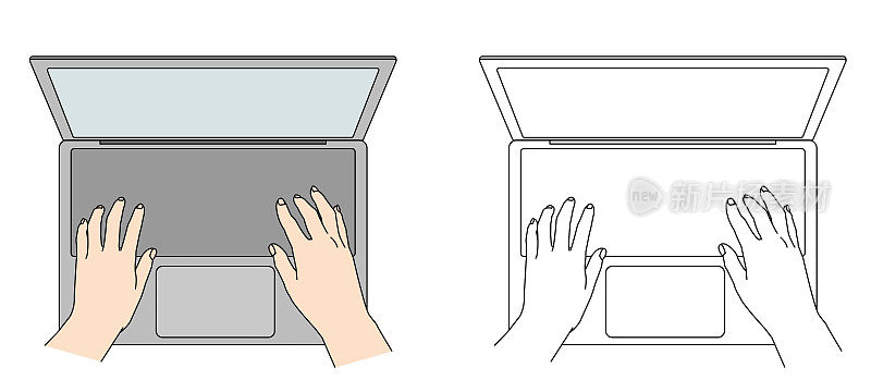 从鸟瞰的角度，两只手敲打笔记本电脑上的一个键的插图