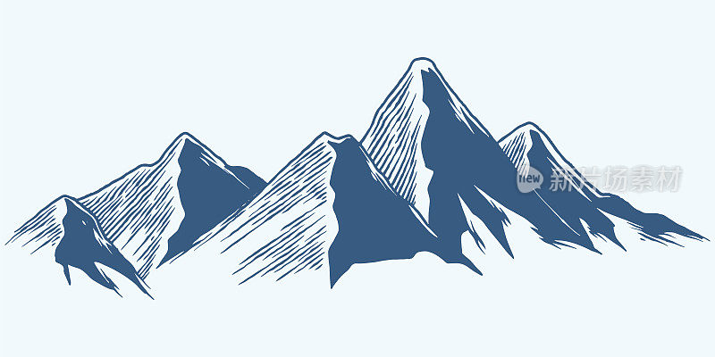 五手绘线条山地丘陵高原草图插图孤立在白色背景。