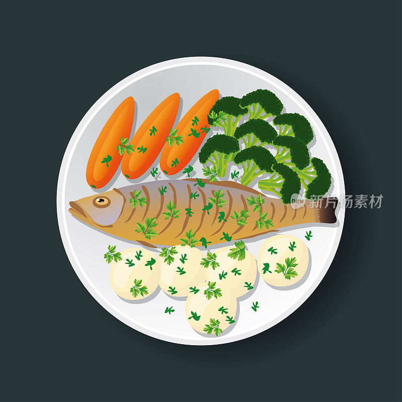 餐厅服务:烤鱼、土豆和蔬菜