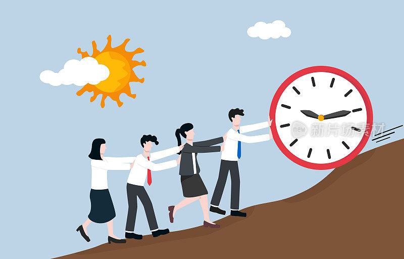 团队合作，在截止日期前完成项目，业务团队的时间管理，协同工作的时间倒数概念。商界人士互相帮助，推动滚动的计时器时钟。