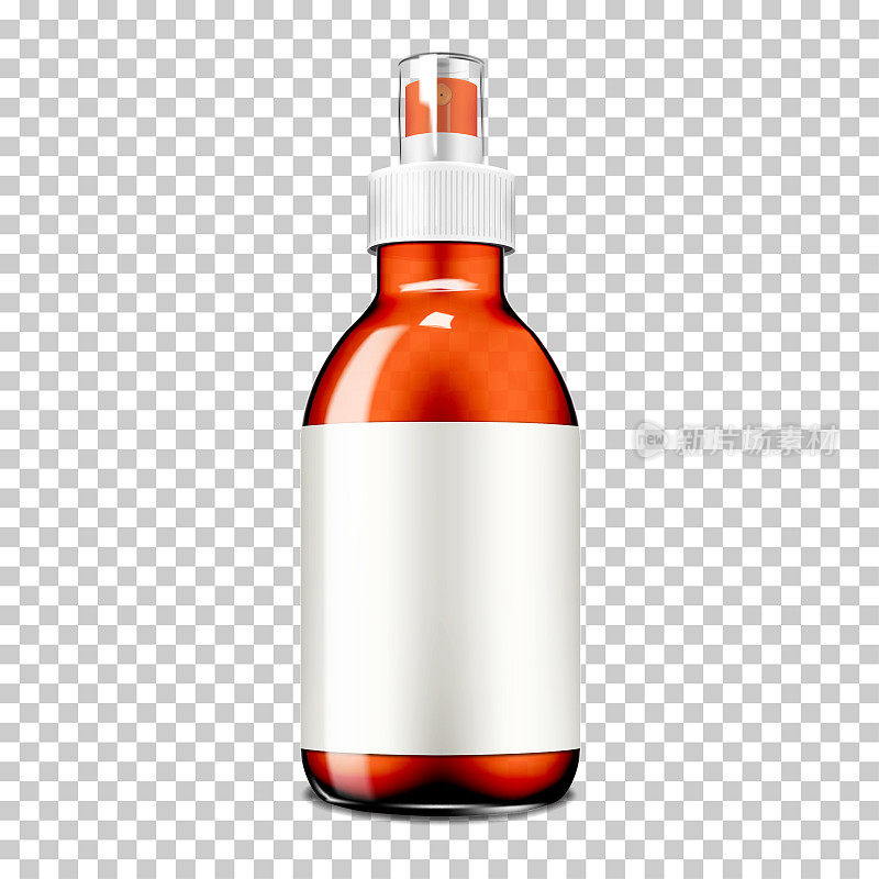 细雾喷雾透明瓶盖和白色空白标签透明背景模型半透明瓶。美容或医疗产品泵喷洒容器矢量模型设计