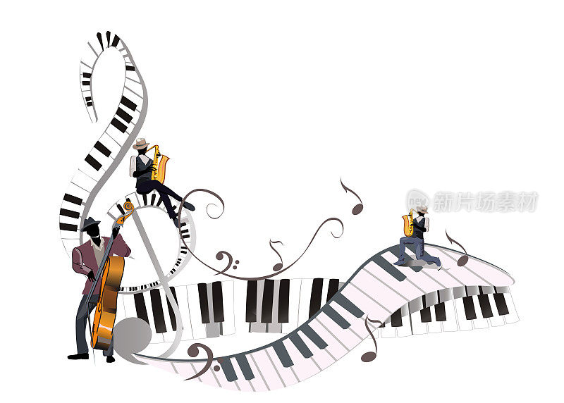 抽象的音乐设计有高音谱号和音乐波、钢琴音符。