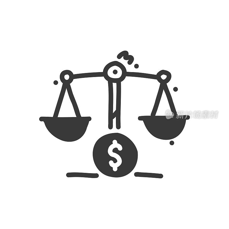 正义的天平线图标,素描和涂鸦设计,像素完美,可编辑的笔画。法律,。平衡