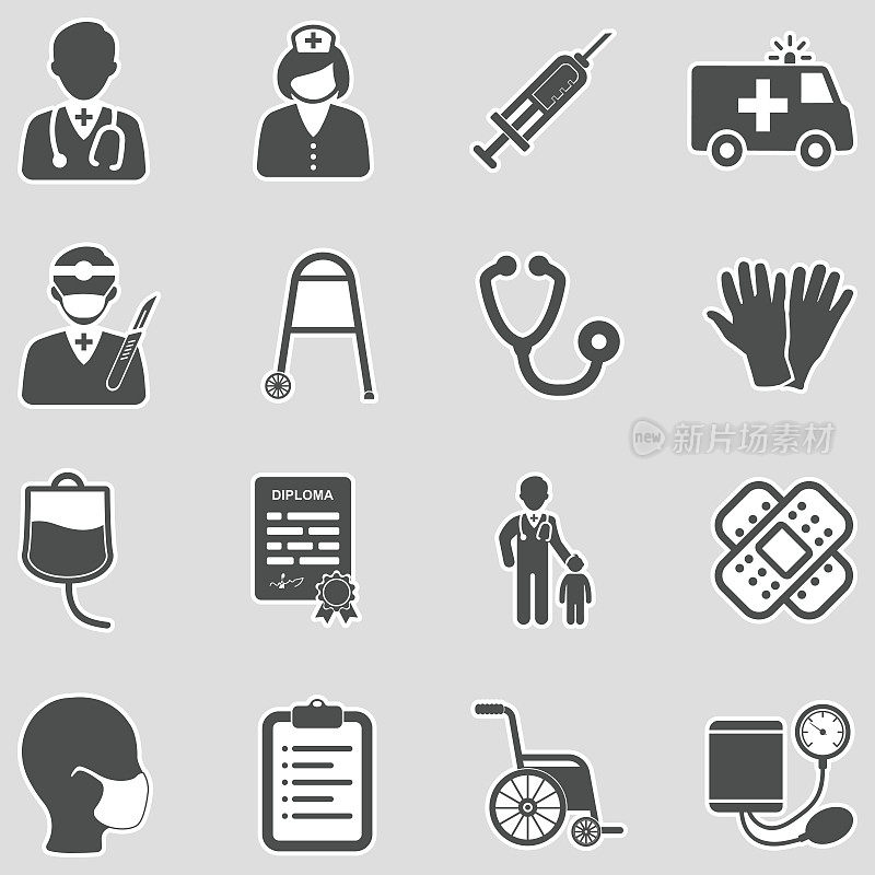 医生和护士图标。贴纸设计。矢量插图。