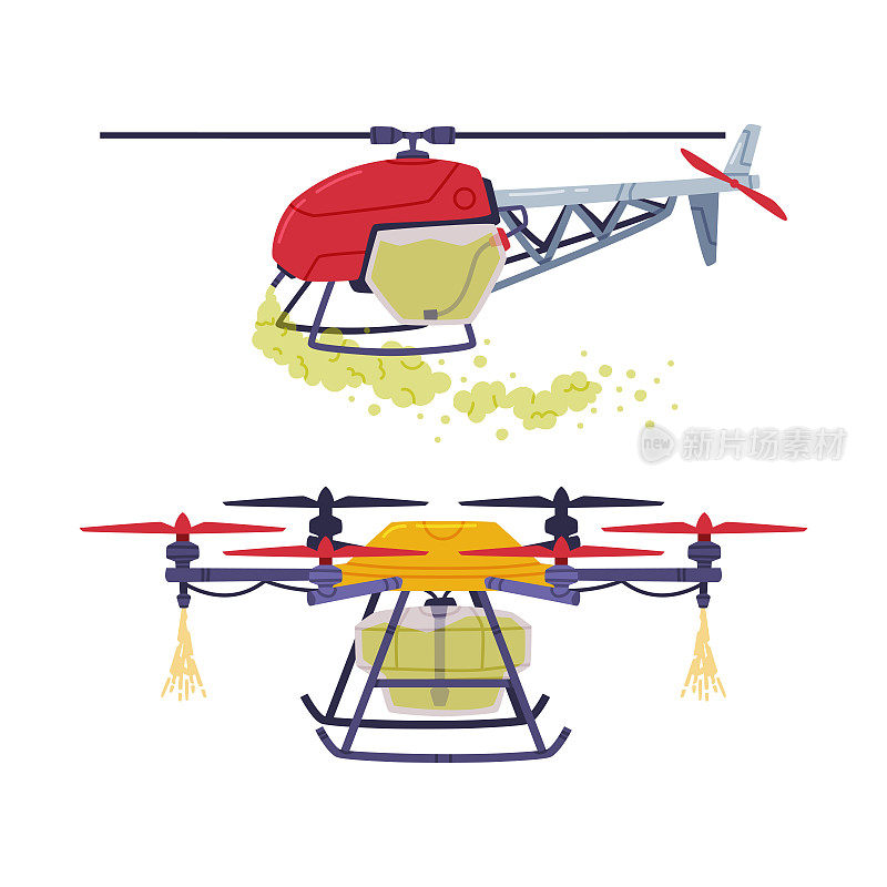农业航空。直升机和无人机喷洒农药和化肥平面矢量图