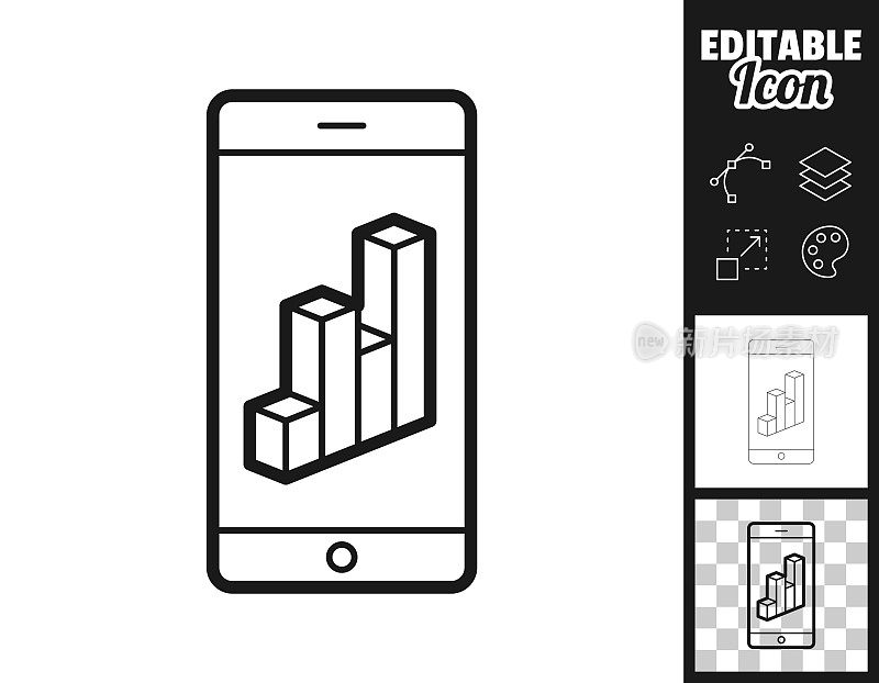 带有3D图表的智能手机。图标设计。轻松地编辑