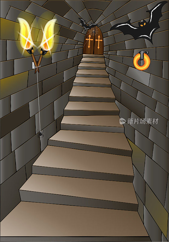长长的中世纪城堡走廊，上面挂着火把。