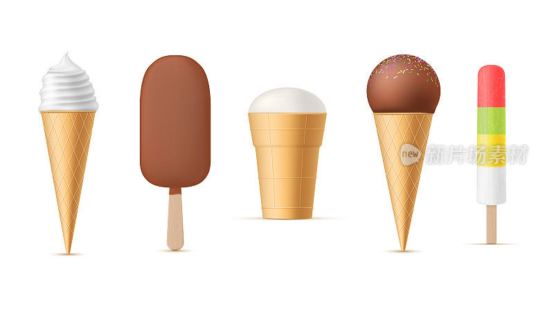 冰淇淋夏季甜点集现实矢量圆锥体冰棒棒华夫饼杯水果棒棒糖
