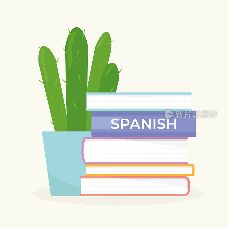 学习西班牙语的概念，一堆书和仙人掌花
