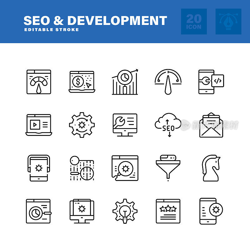 SEO和开发线图标集。可编辑的中风。像素完美。
