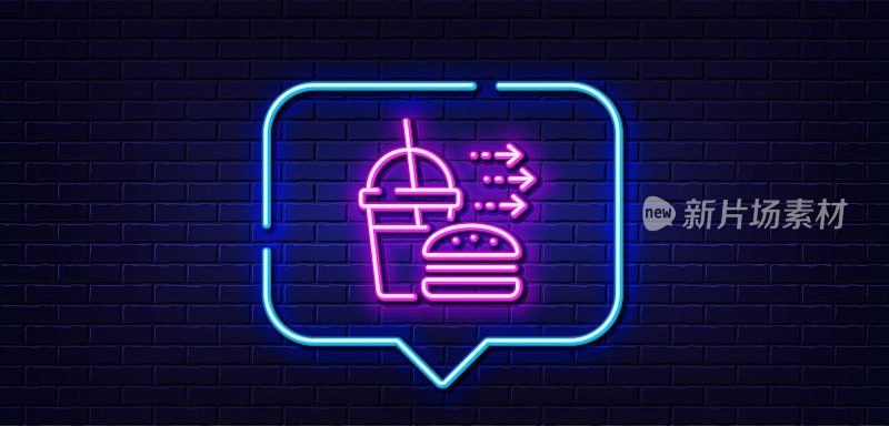 送餐线图标。芝士汉堡和软饮料标志。霓虹灯说话泡泡。向量