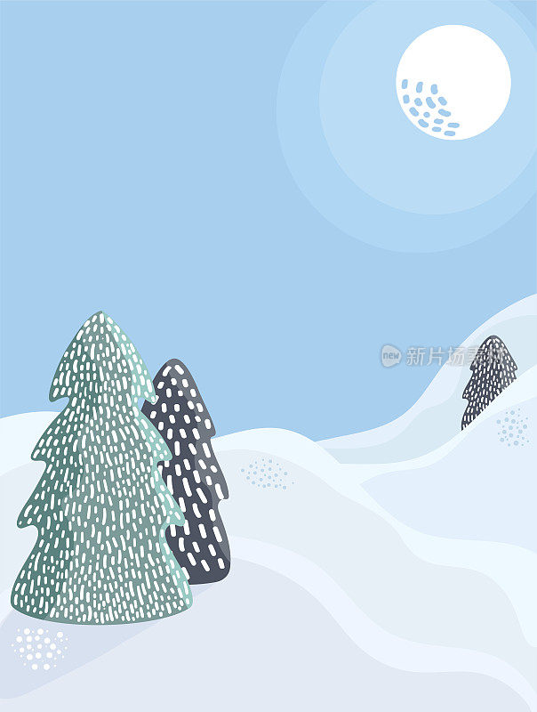 冬天的背景。森林景观。阳光明媚的雪天，在雪堆中手绘纹理的斯堪的纳维亚枞树