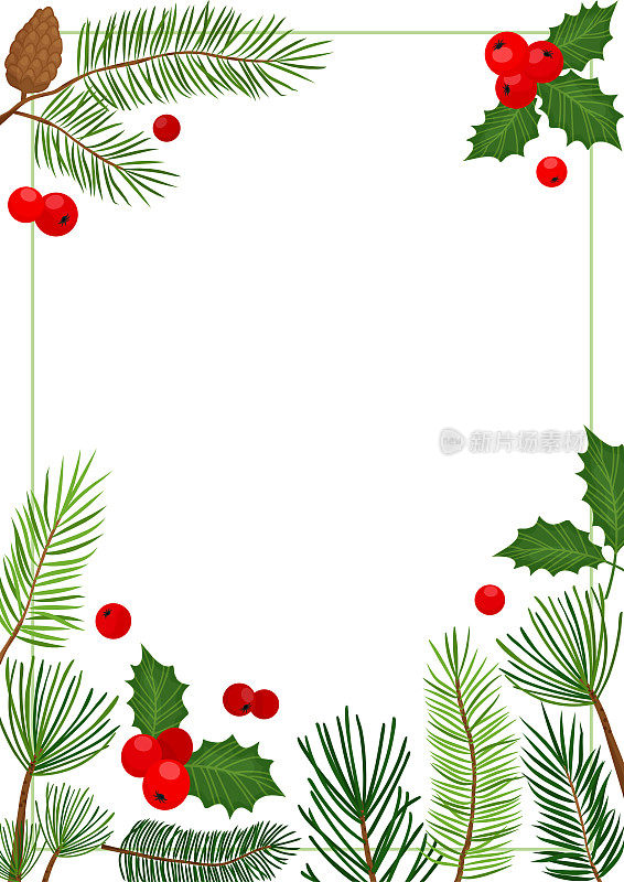 圣诞树的树枝框架，冬青植物背景，绿色的松树和冷杉装饰。假日边界。新年贺卡。冬天的卡通插图
