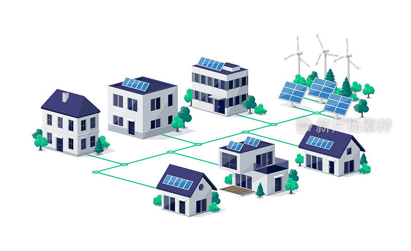 住宅城市连接建筑与可再生太阳能风力发电厂发电