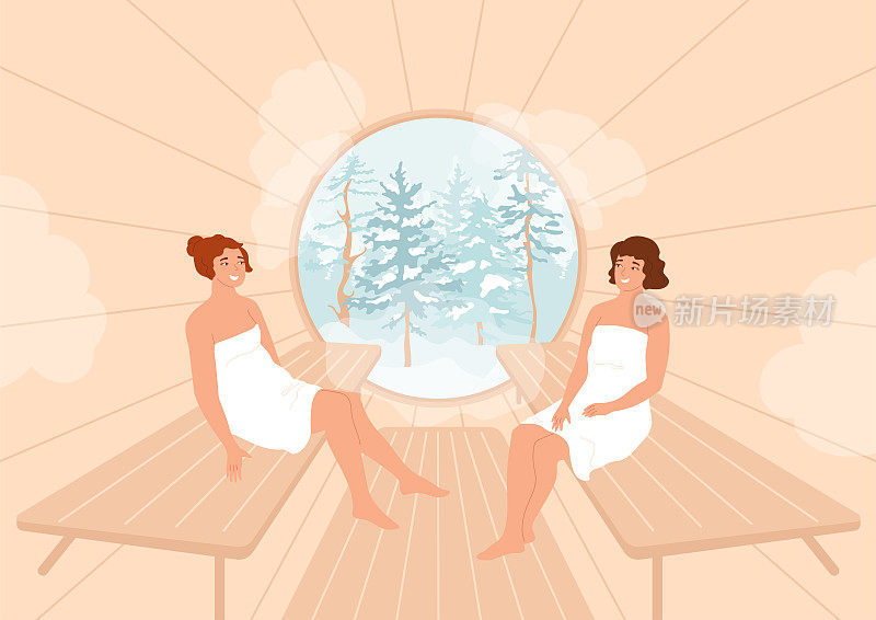 在桶里蒸桑拿的女性，窗外是冬天的森林。