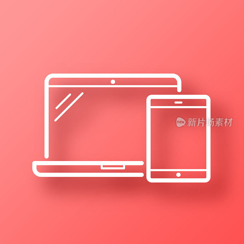 笔记本电脑和平板电脑。图标在红色背景与阴影