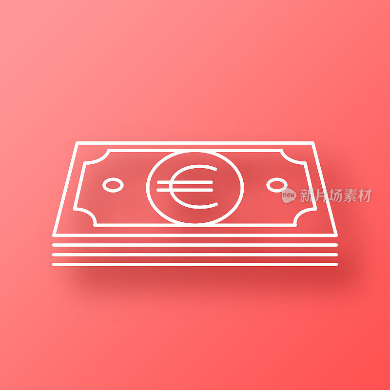 欧元纸币。图标在红色背景与阴影