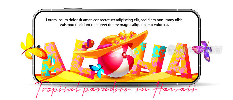 阿罗哈夏威夷热带度假移动应用程序的卡通风格。白色背景的手机屏幕上印有印有芙蓉花和蝴蝶的帽子里的沙滩球的欢迎短信。