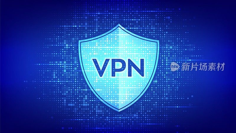 VPN。虚拟专用网络图标与二进制代码。数据加密，IP替代。安全VPN连接。网络安全和隐私。矩阵背景与数字1.0。矢量插图。