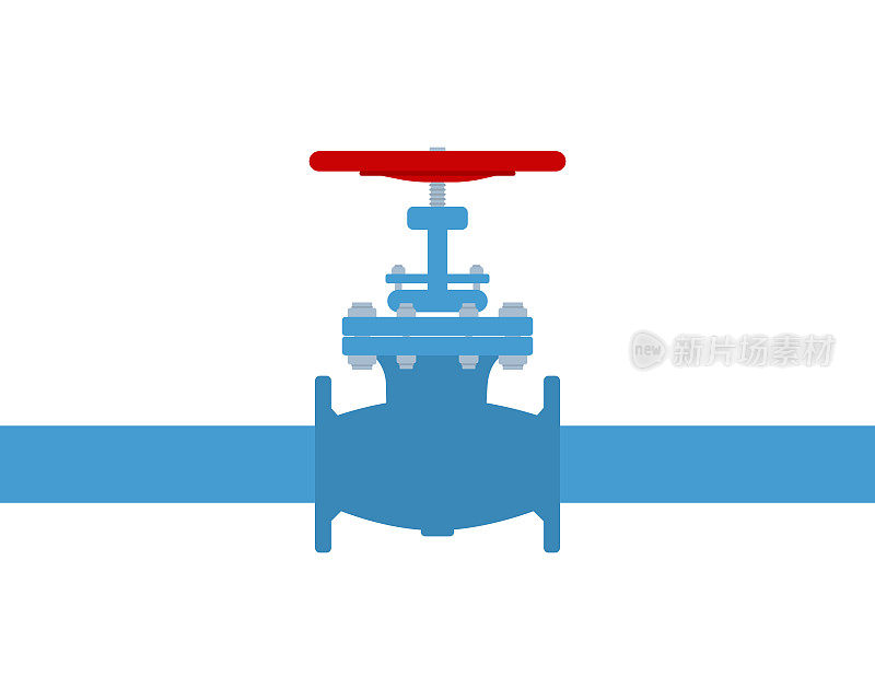 带有红色阀门的管道侧视图。石油，天然气或水运输与蓝色管道阀门