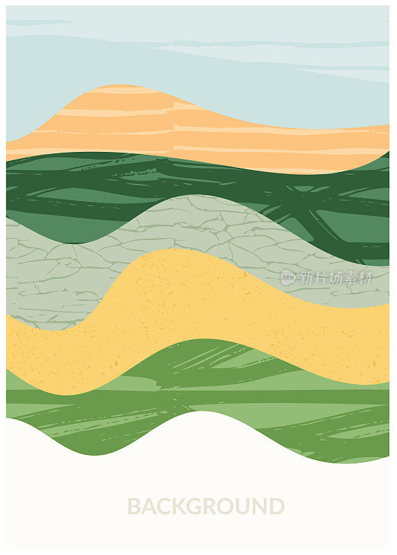 抽象农业领域或农场卡片背景。葡萄园山谷图案，春天乡村景观，生态海报模板。夏季自然背景，有机设计，生态绿色传单布局