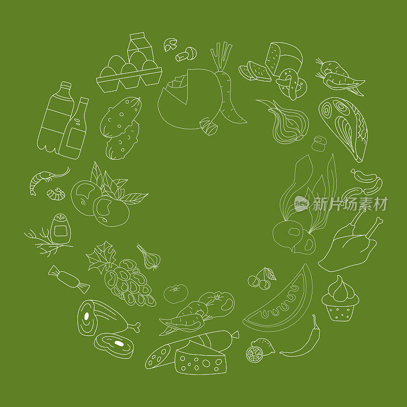 手绘食物在绿色背景矢量插图与复制空间在中心