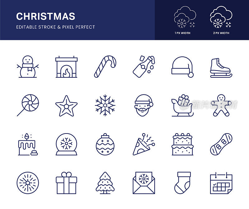 圣诞线图标。这个图标集包括圣诞老人，庆典，圣诞装饰，圣诞树等。