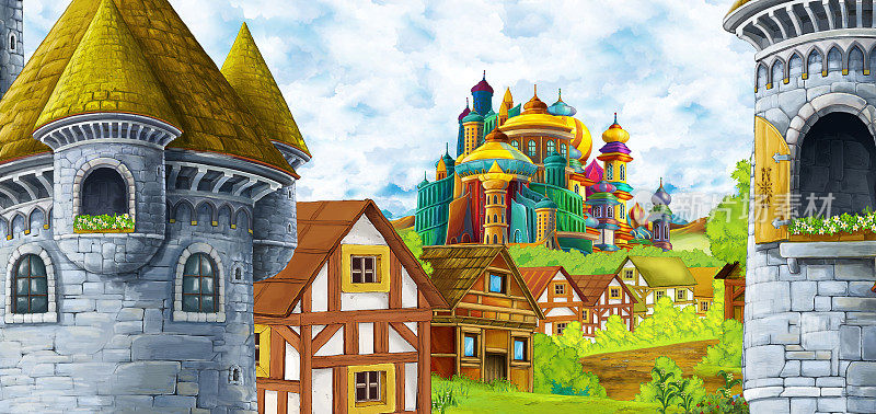 卡通场景与王国城堡和山脉山谷森林和农村定居点插图
