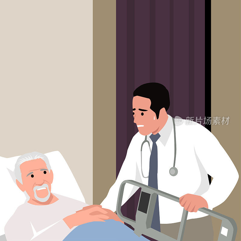 固定治疗。老病人在病房里躺在病床上打点滴看医生。手术后的恐慌